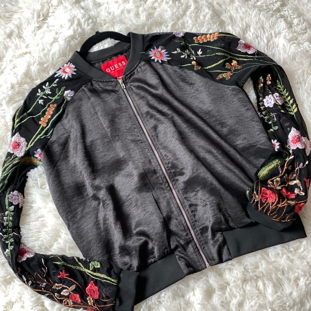 Guess Black and Red Bomber Jacket with Floral Embroidery